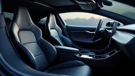 découvrez l'intérieur révolutionnaire de la voiture tesla, alliant confort et technologie de pointe, accentué par ses élégantes portes papillon. plongez dans une expérience de conduite unique et futuriste.