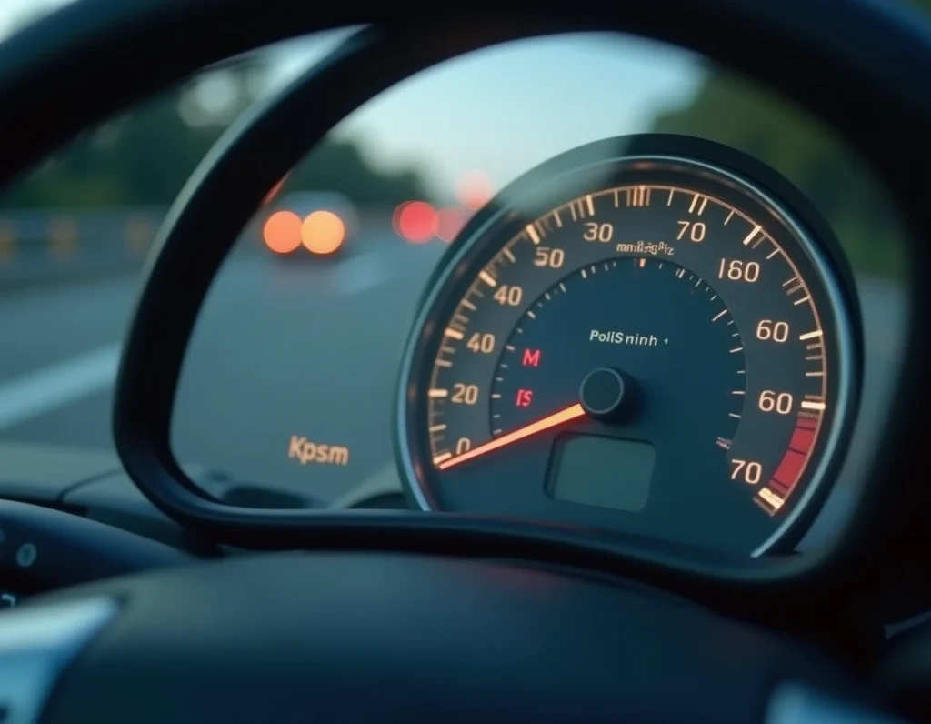 Gros plan sur un compteur de vitesse affichant simultanément les miles par heure et les kilomètres par heure sur autoroute