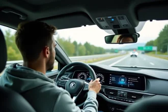 Conducteur au volant d'une voiture sur autoroute regardant le tableau de bord affichant les vitesses en mph et kph