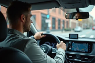 Conducteur urbain concentré au volant d'une voiture en ville, consultant son GPS pour optimiser son trajet quotidien