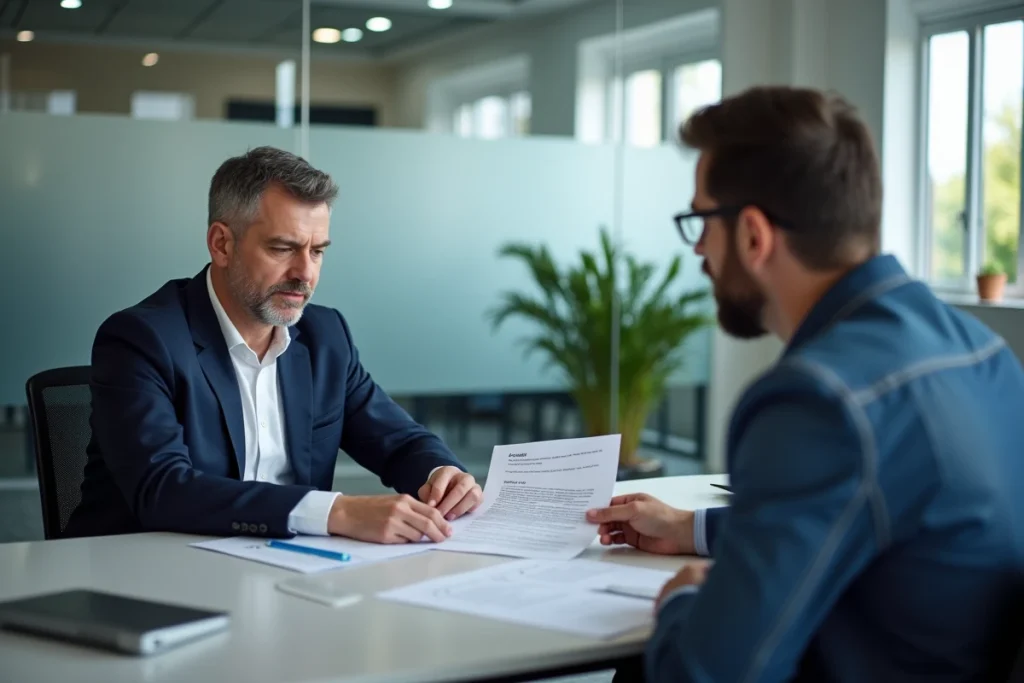 Conseiller en assurance auto expliquant les garanties et exclusions à un client dans une agence