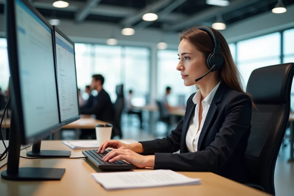 Conseillère relation client gérant des interventions et devis sur logiciel de gestion dans un bureau de concession automobile