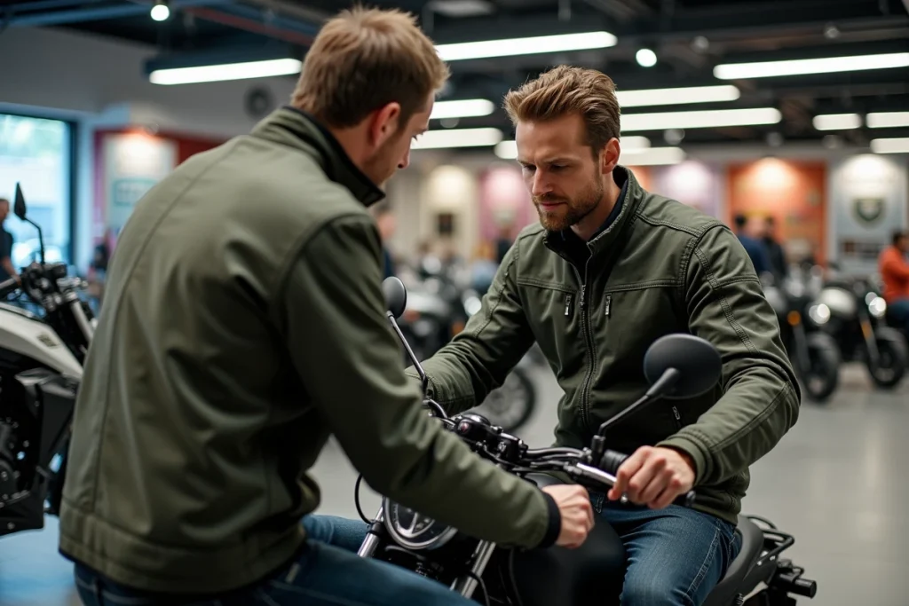 Homme débutant assis sur une moto au salon avec un conseiller lui expliquant les commandes