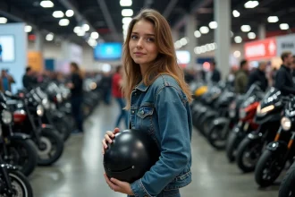 Jeune femme débutante tenant un casque moto au Salon du 2 Roues de Lyon, entourée de motos exposées