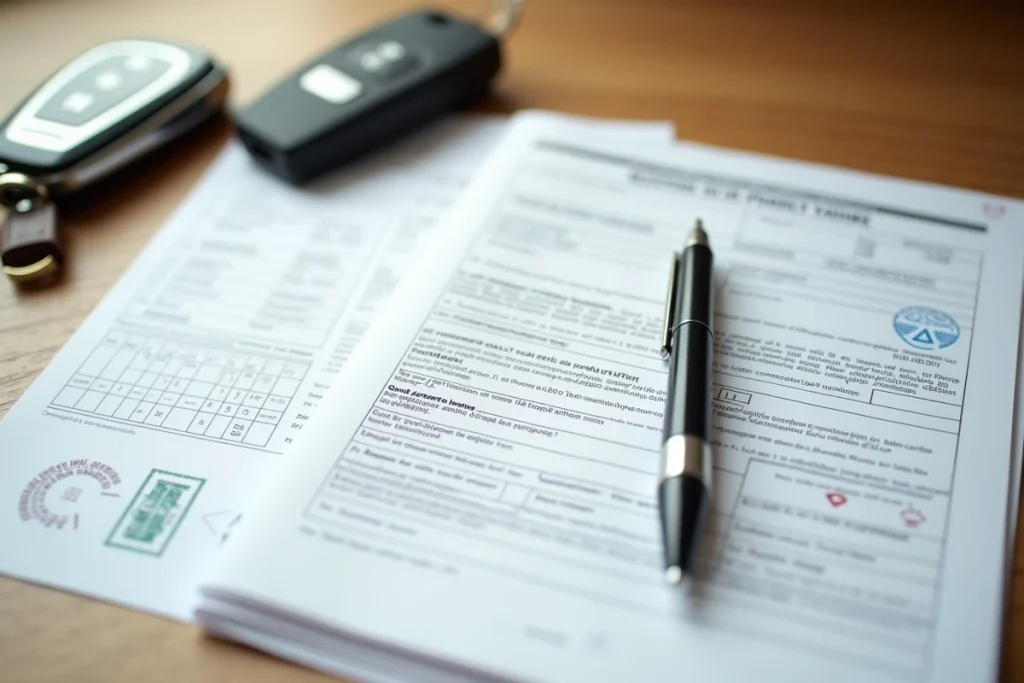 Documents d'assurance auto et certificat d'immatriculation provisoire posés sur un bureau, illustrant les démarches liées à une plaque TR