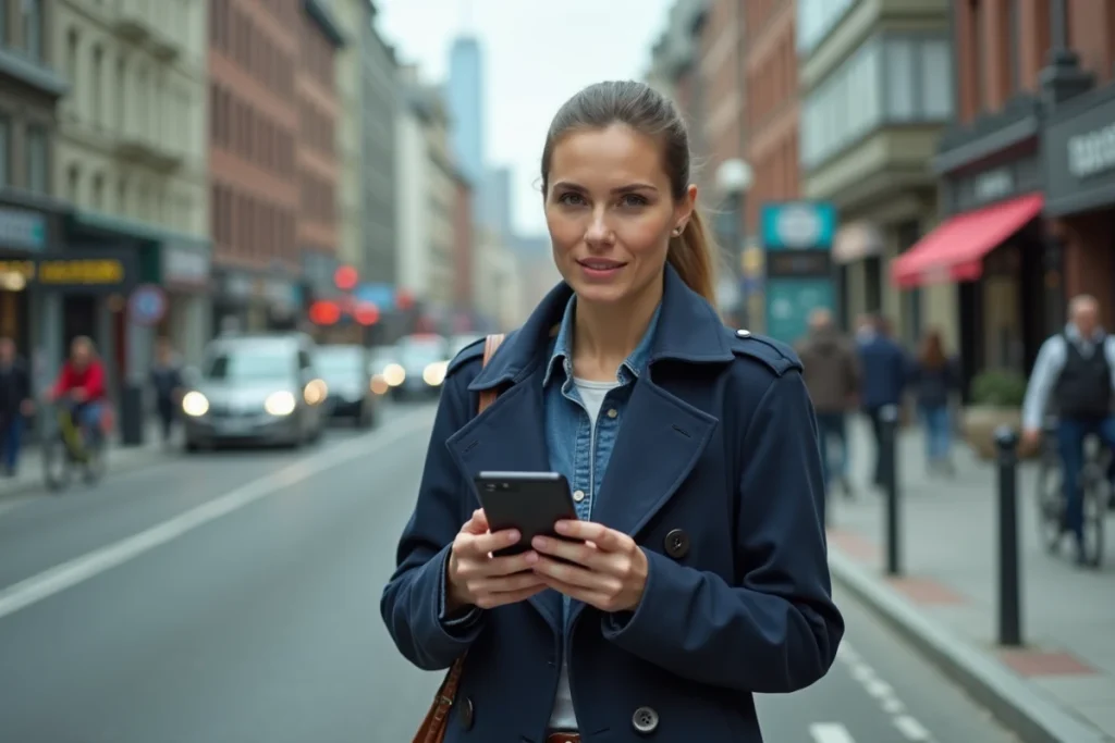 Femme consultant une application de conduite urbaine sur smartphone dans une rue animée de la ville