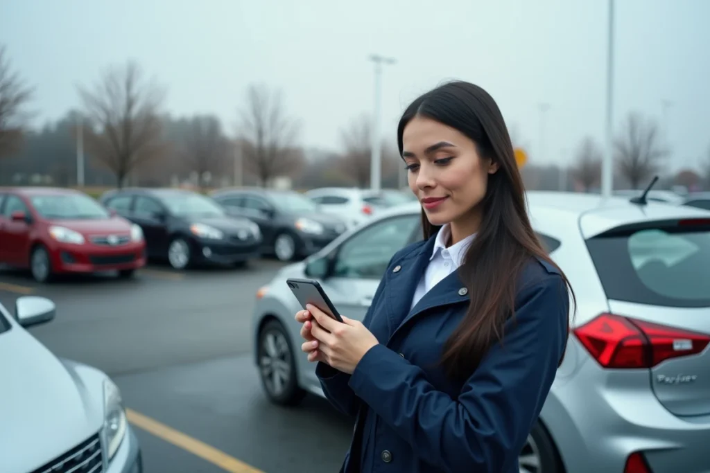 Femme consultant un rapport carVertical sur smartphone à côté d'une voiture d'occasion dans un parking