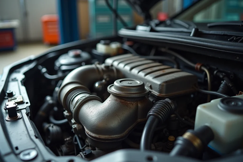 Gros plan sur un moteur TCe turbo essence avec turbocompresseur visible et traces d'usure