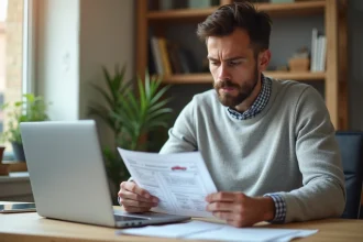 Homme lisant un rapport d'historique de véhicule carVertical sur son bureau à domicile