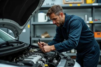 Mécanicien inspectant un moteur TCe turboessence dans un atelier automobile professionnel