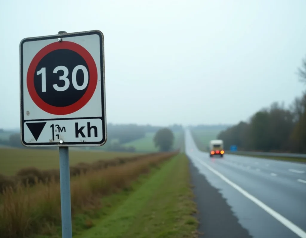 Panneau de limitation de vitesse à 130 km/h sur autoroute française avec conversion en mph visible en dessous