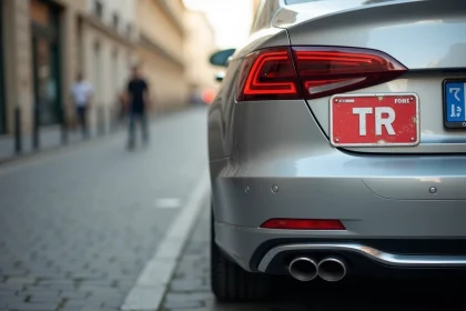 Plaque TR temporaire apposée sur le pare-chocs arrière d'une voiture garée dans une rue parisienne