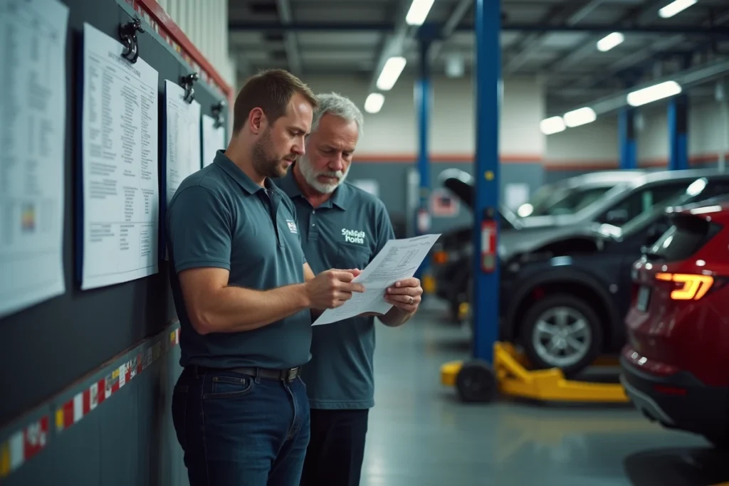 Deux professionnels de l'automobile examinant un bon d'intervention imprimé dans un atelier de réparation