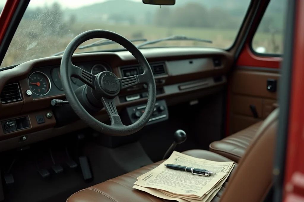 Tableau de bord d'une LADA Niva avec une carte grise française posée sur le siège, symbolisant les démarches administratives pour immatriculer ce véhicule en France