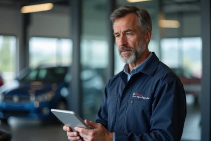 Technicien automobile consultant un devis numérique sur tablette à l'accueil d'un garage moderne