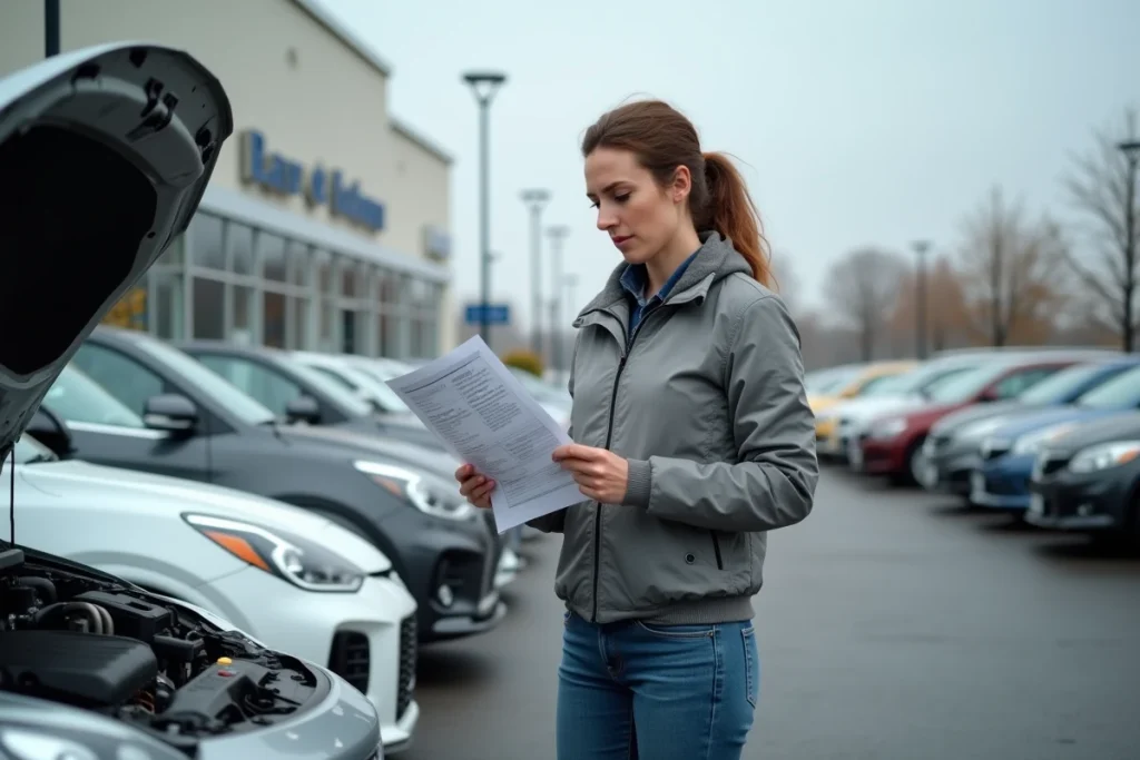 Femme vérifiant l'huile moteur d'une voiture d'occasion dans un parking de concessionnaire