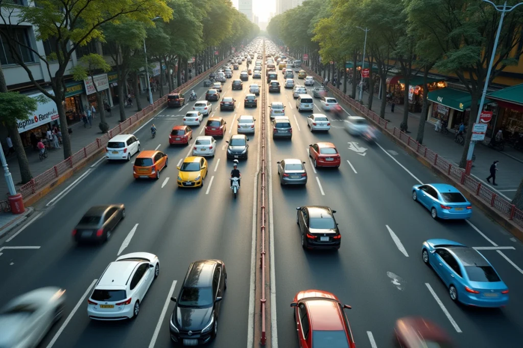 Vue aérienne d'un carrefour urbain animé illustrant la complexité de la circulation en ville et l'importance de la conduite adaptée