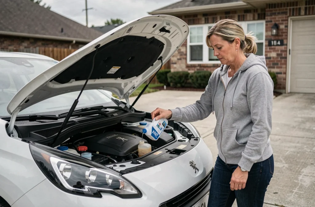 Femme versant de l'additif FAP dans le réservoir dédié sous le capot d'un Peugeot 3008 blanc dans une allée résidentielle, entretien du filtre à particules
