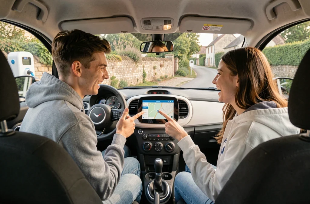 Deux jeunes amis dans une voiture sans permis à une borne de recharge en milieu rural français