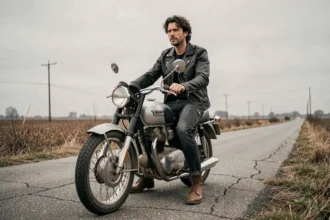 Homme aux cheveux bouclés en veste de cuir noir sur une moto Triumph vintage des années 1960, sur une route rurale américaine évoquant l'esthétique des photographies de Bob Dylan