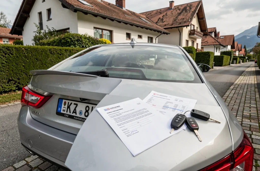 Voiture avec documents de cession et clés posés sur le capot dans une rue résidentielle suisse