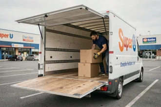 Homme chargeant des cartons dans un camion de location Super U dans un parking de supermarché