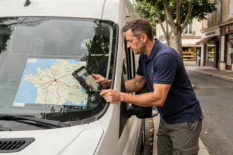 Chauffeur livreur consultant un itinéraire Mappy sur tablette depuis sa camionnette blanche en milieu urbain français