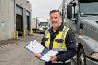 Chauffeur professionnel en gilet haute visibilité debout devant un camion poids lourd dans une zone logistique industrielle, tenant des documents de transport