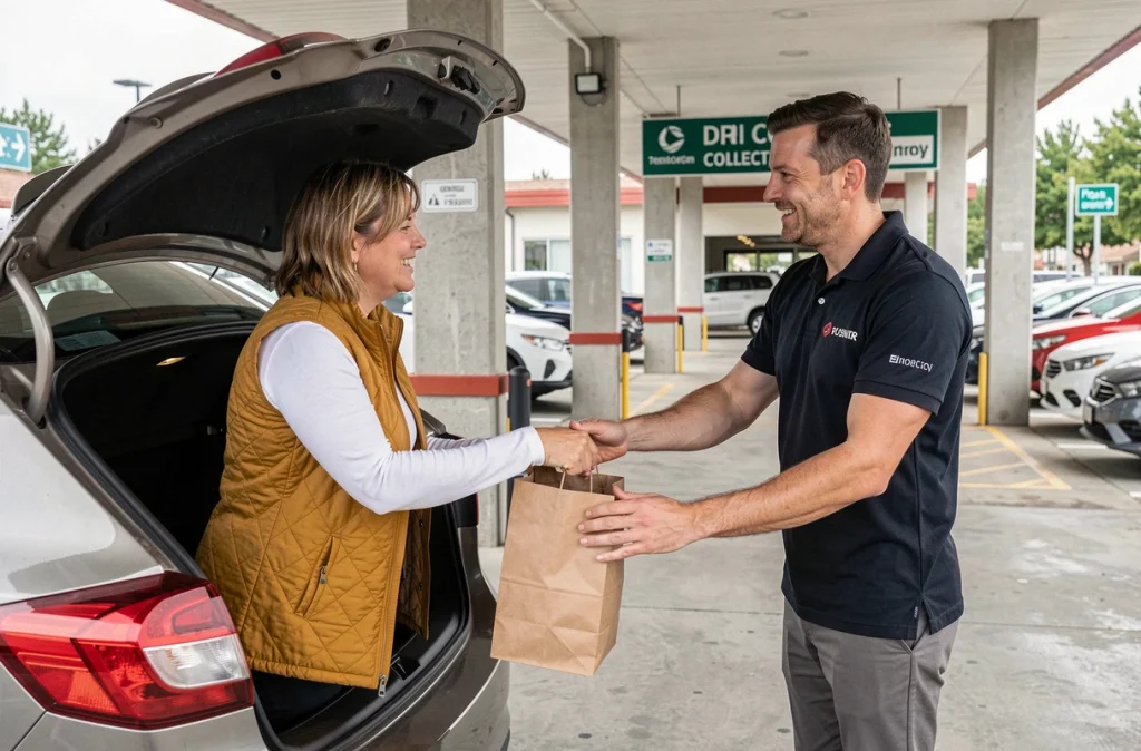 Cliente récupérant ses sacs de courses au coffre de sa voiture dans un espace de retrait drive