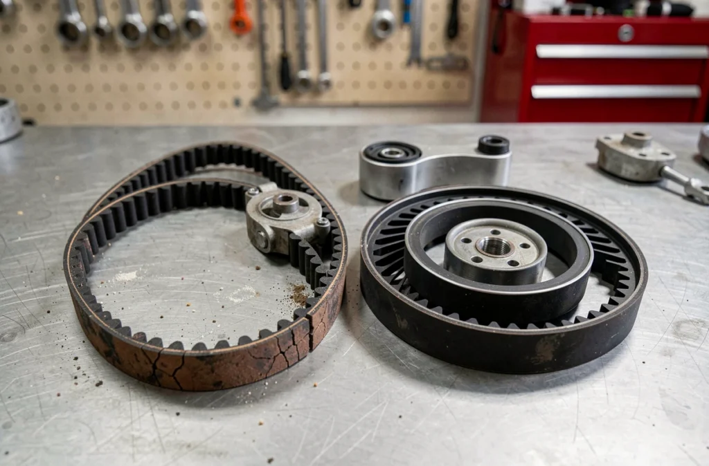 Comparaison d'une courroie de distribution et d'une courroie d'accessoire usées sur un établi de garage