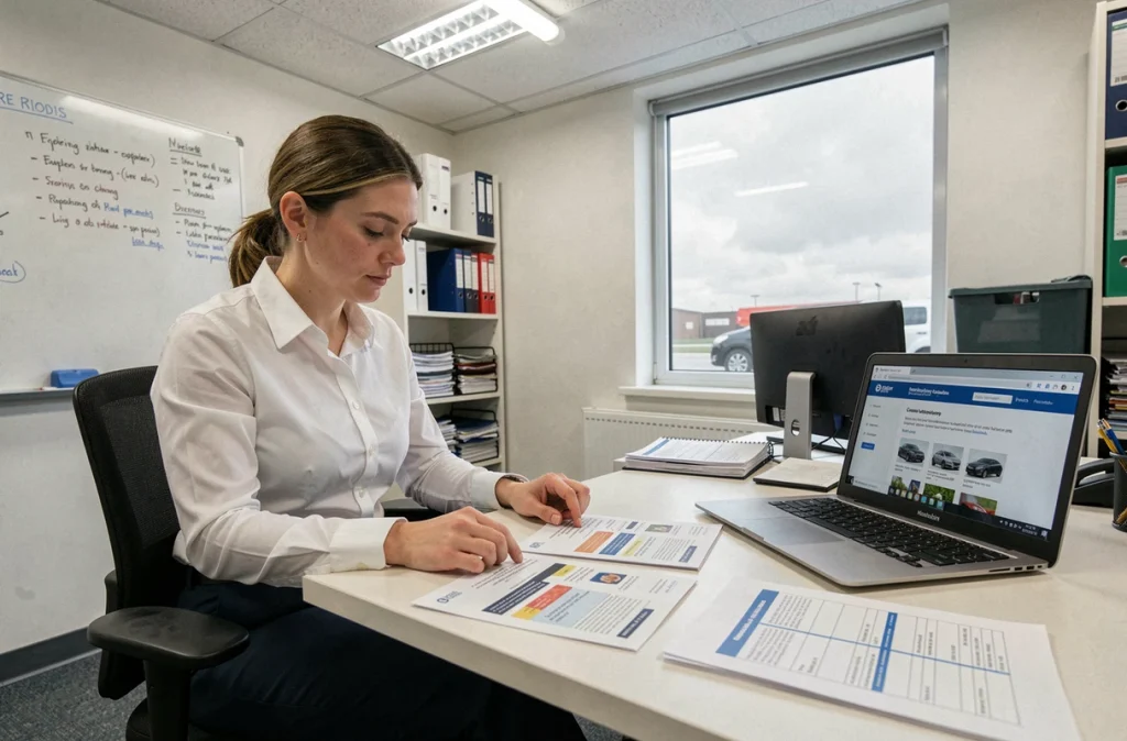 Femme responsable de flotte comparant les documents du permis C et C1 sur un bureau dans un bureau de société de transport