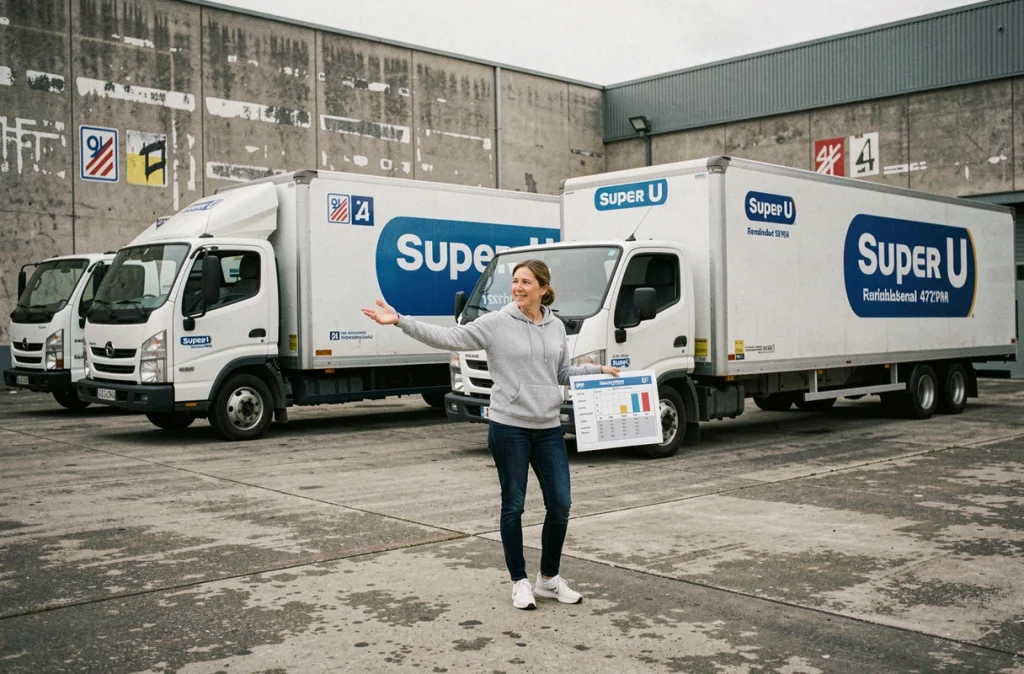 Femme comparant deux tailles de camions de location Super U dans une cour logistique