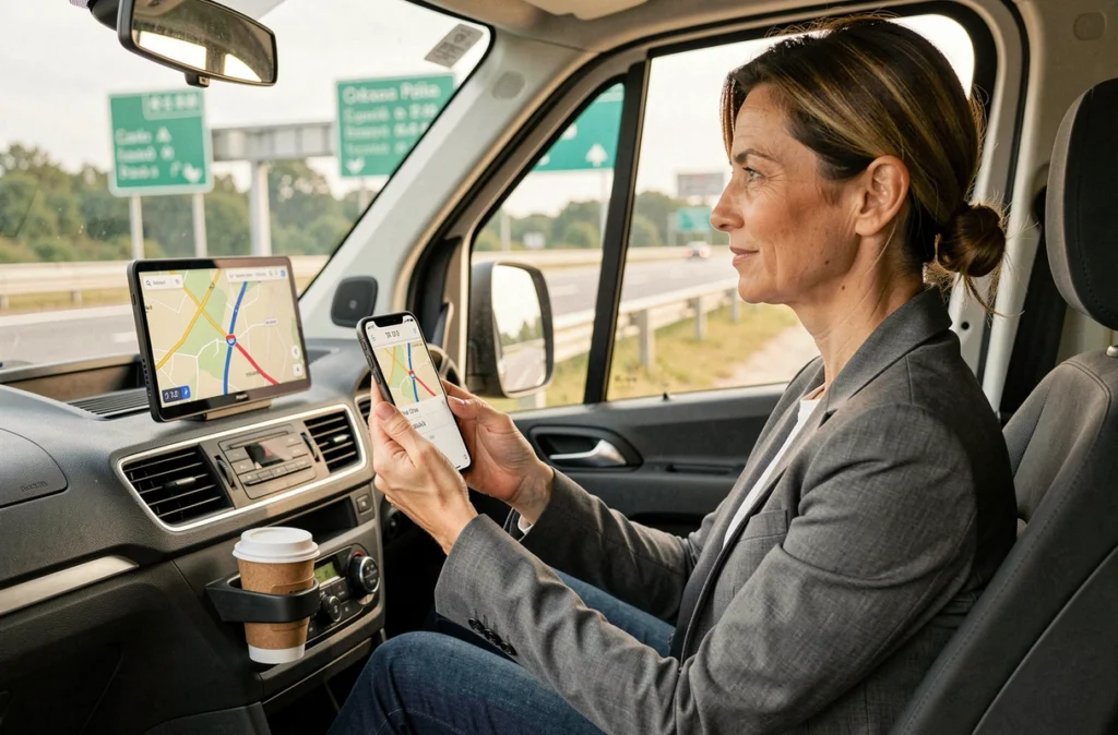Femme conductrice professionnelle utilisant une application de navigation GPS sur smartphone pour planifier une tournée en France