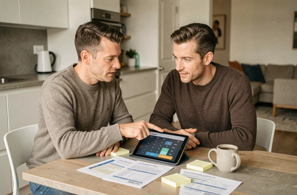 Couple calculant le financement d'un achat de voiture sur tablette avec des estimations de prêt étalées sur une table de cuisine moderne