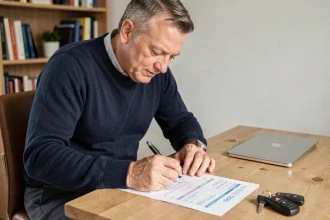 Homme remplissant un formulaire de cession de véhicule en Suisse à son bureau à domicile