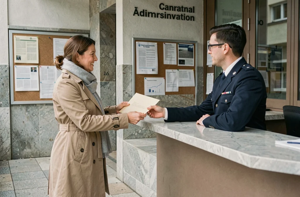Femme déposant les documents de cession de véhicule au guichet d'un service cantonal suisse