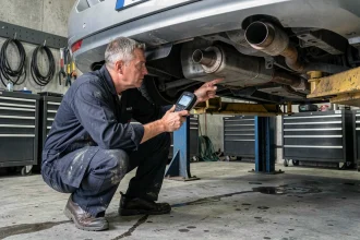 Technicien automobile diagnostiquant un code erreur P1445 sur un Peugeot 308 avec un scanner OBD2 sous le véhicule surélevé dans un garage professionnel