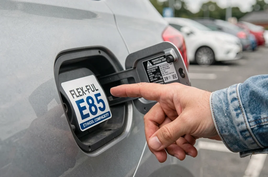 Étiquette de compatibilité éthanol E85 Flex-Fuel sur la trappe à carburant d'une voiture