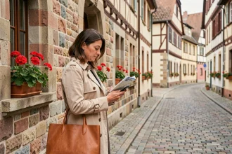 Femme consultant une application de stationnement sur smartphone dans les rues pavées du centre-ville de Colmar avec façades alsaciennes colorées