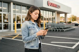 Jeune femme consultant son smartphone devant un drive de supermarché pour retirer sa commande
