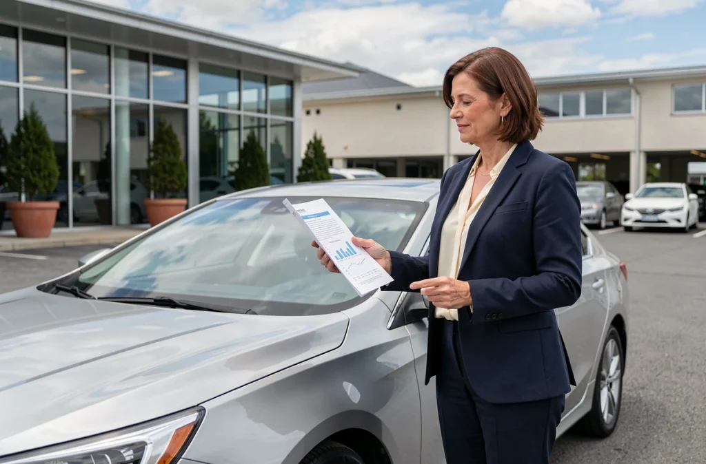 Femme évaluant une voiture d'occasion dans un parc automobile avec une fiche de comparaison à la main dans une concession automobile
