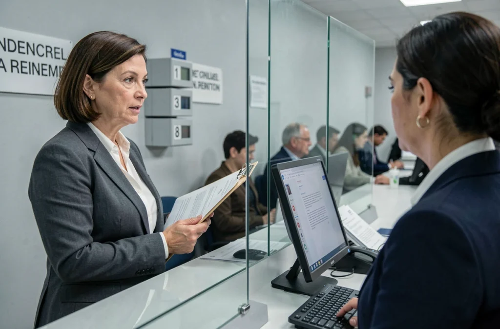 Femme déposant un dossier VTC par équivalence dans un guichet administratif avec un agent de préfecture