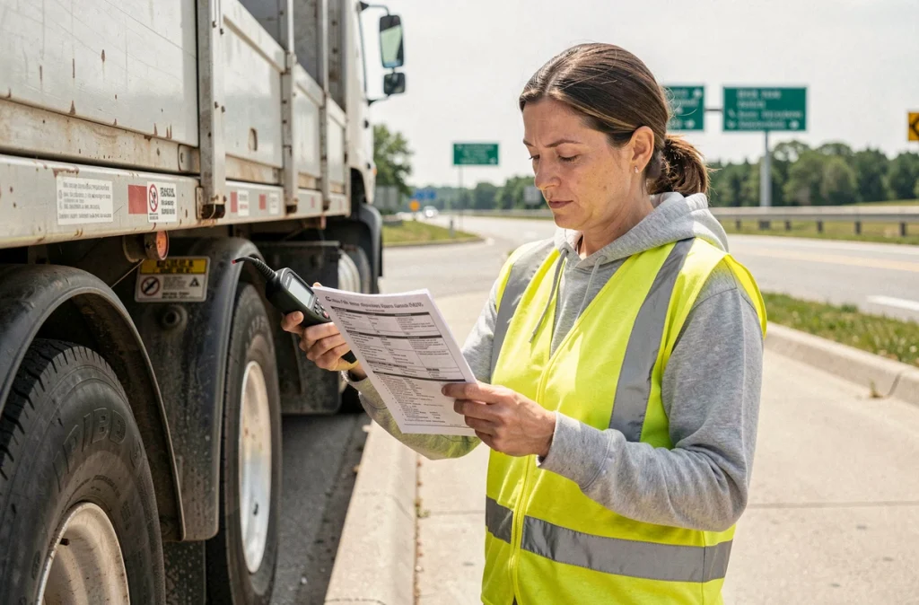 Femme consultant la réglementation sur la pression des pneus de remorque lors d'une vérification sur aire d'autoroute