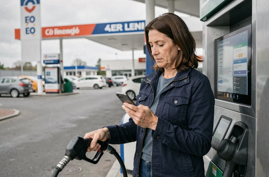 Femme vérifiant la compatibilité éthanol de son véhicule sur smartphone à une station E85