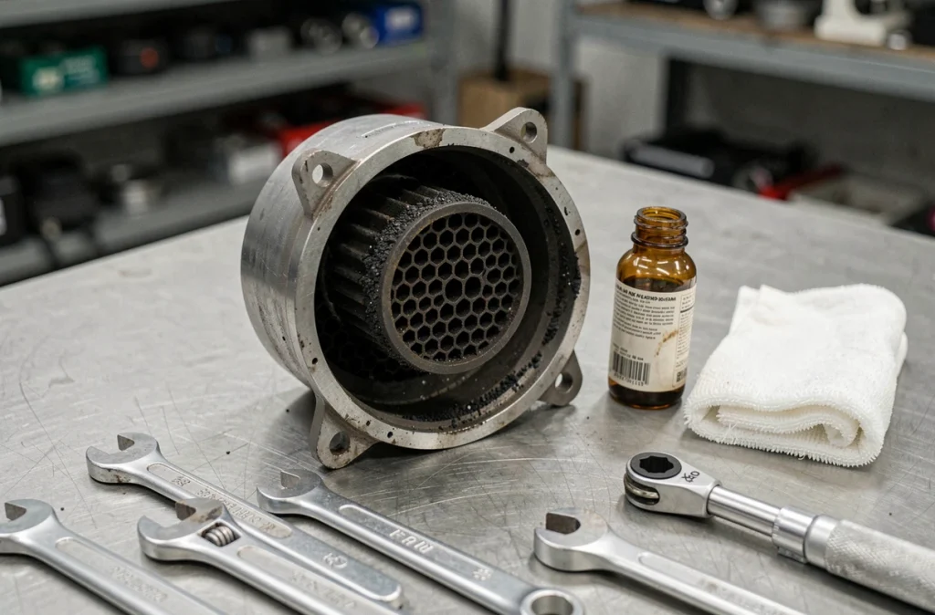 Filtre à particules FAP Peugeot démonté sur établi avec additif FAP et outils, montrant le dépôt de suie dans la structure céramique en nid d'abeille