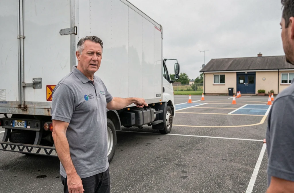 Instructeur de conduite expliquant les caractéristiques d'un camion de livraison dans un centre de formation au permis poids lourd