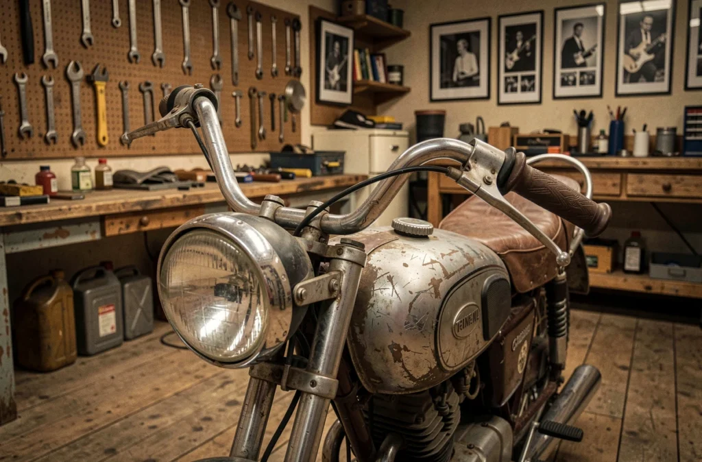 Gros plan sur les détails patinés d'une moto vintage des années 1960 dans un garage atelier, avec des photographies en noir et blanc accrochées au mur en référence à l'univers iconique de Bob Dylan