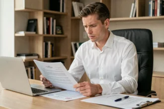 Homme consultant un dossier de demande de carte VTC par équivalence sur un bureau avec documents administratifs officiels