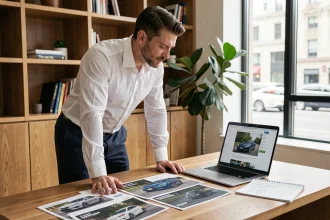Homme consultant un site de vente de voitures sur ordinateur portable avec des brochures automobiles et un budget calculé sur son bureau à domicile
