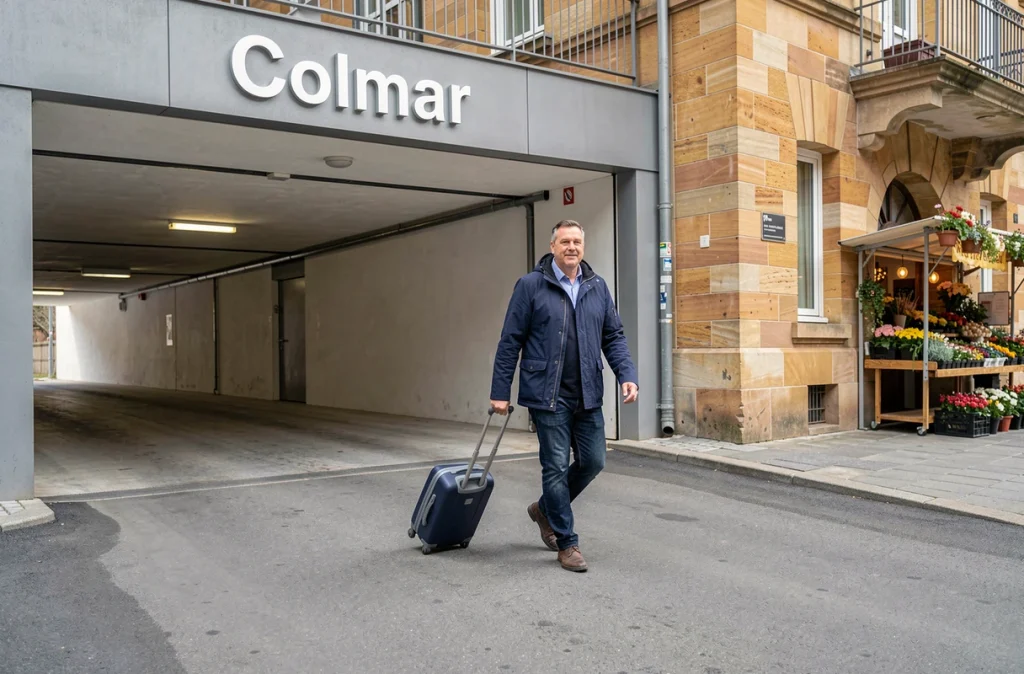 Homme sortant sereinement d'un parking souterrain en centre-ville de Colmar avec une valise, transition entre infrastructure moderne et architecture alsacienne